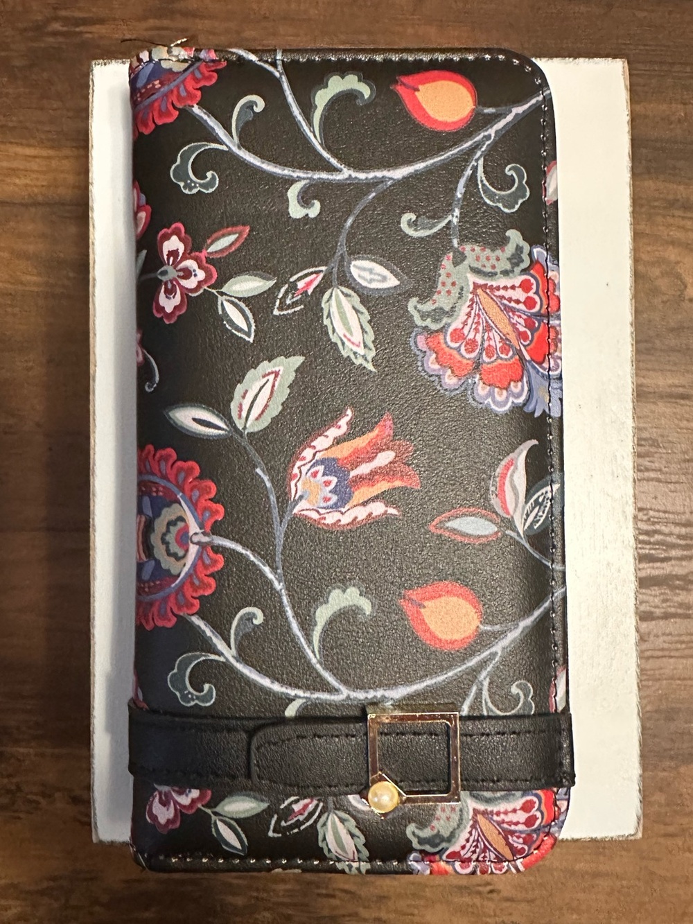 NWOT Black Faux Leather Folkloric Floral  & Vines Zip Around Long Bifold Wallet